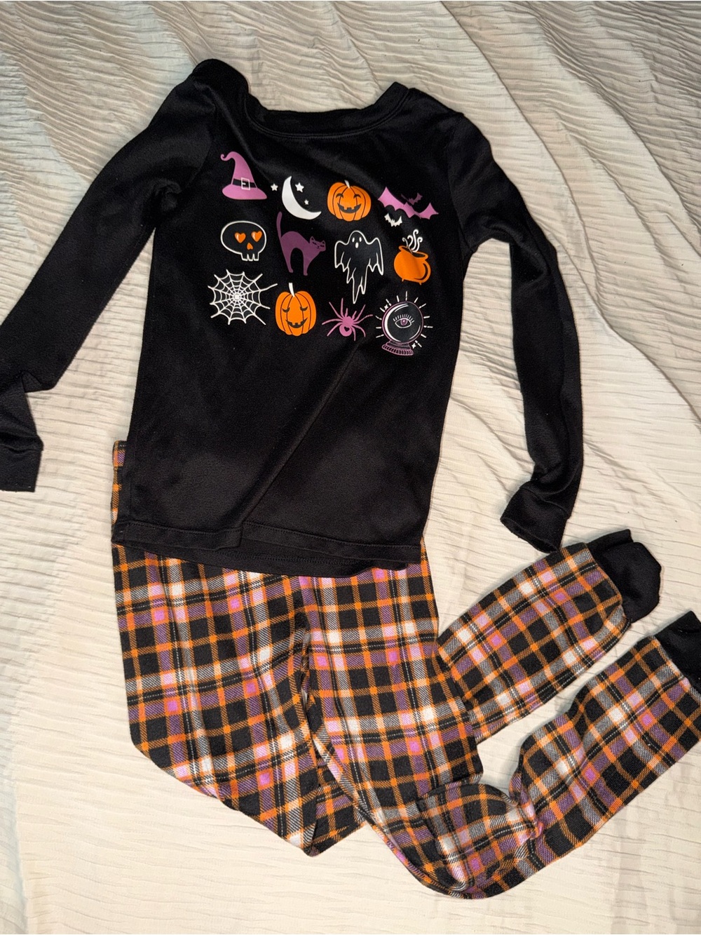wonder nation Black Halloween Pajama Set with Orange & Pink Plaid Pants